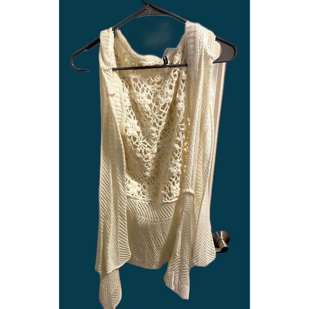 Tessori L XL Hooded Vest Cream Crochet Open Front Sweater Vest